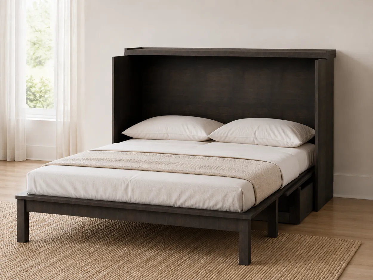 Horizontal Murphy cabinet bed shown open with a queen mattress