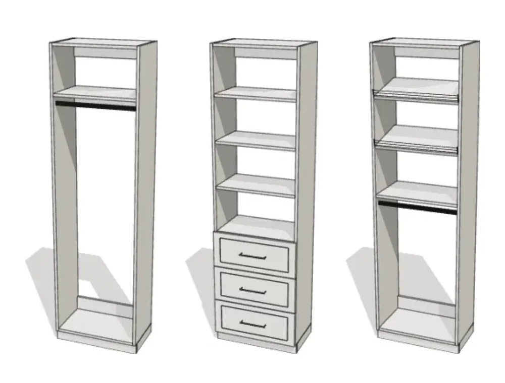 Three custom maple closet modules — a full-height hanging rod, shelves over three drawers, and shoe storage over a rod