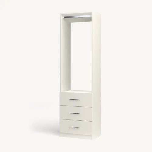 Rod over 3 Drawer reach-in closet module, 16" deep with an open front. 24" wide in Classic White with chrome hardware