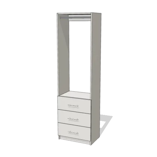Rod over 3 Drawer reach-in closet module, 16" deep with an open front. 24" wide in Classic White with chrome hardware