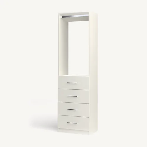 Rod over 4 Drawer reach-in closet module, 16" deep with an open front. 24" wide in Classic White with chrome hardware