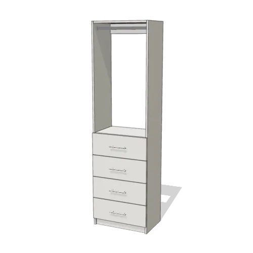 Rod over 4 Drawer reach-in closet module, 16" deep with an open front. 24" wide in Classic White with chrome hardware