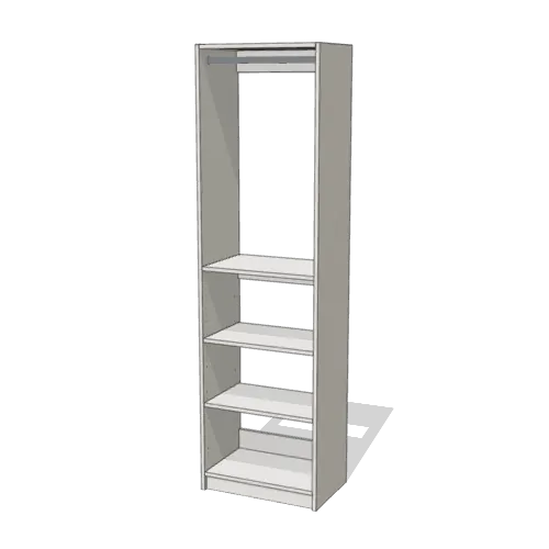 Rod over Shelves reach-in closet module, 16" deep with an open front. 24" wide in Classic White with chrome hardware