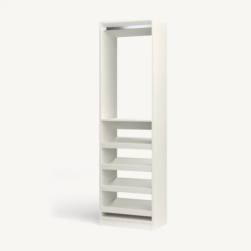 Rod over Shoe Storage reach-in closet module, 16" deep with an open front. 24" wide in Classic White with chrome hardware