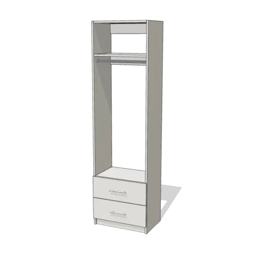 Rod + Fixed Shelf over 2 Drawer reach-in closet module, 16" deep with an open front. 24" wide in Classic White with chrome hardware