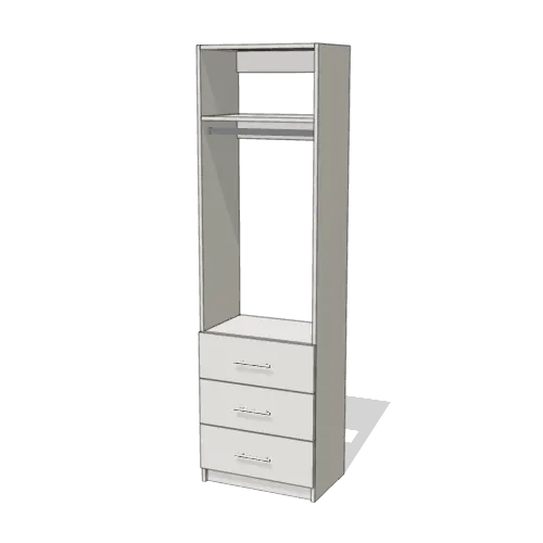 Rod + Fixed Shelf over 3 Drawer reach-in closet module, 16" deep with an open front. 24" wide in Classic White with chrome hardware