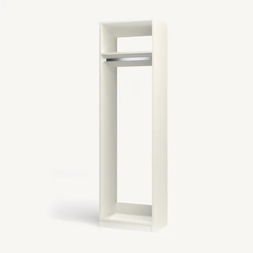 Full-Height Hanging Rod with Fixed Shelf reach-in closet module, 16" deep with an open front. 24" wide in Classic White with chrome hardware