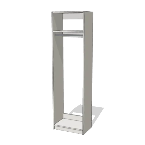 Full-Height Hanging Rod with Fixed Shelf reach-in closet module, 16" deep with an open front. 24" wide in Classic White with chrome hardware