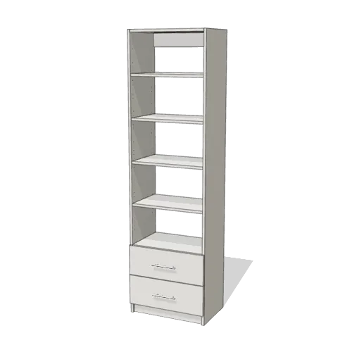 Shelves over 2 Drawer reach-in closet module, 16" deep with an open front. 24" wide in Classic White with chrome hardware