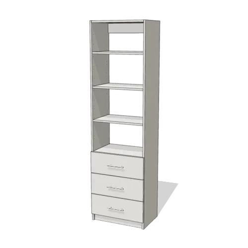 Shelves over 3 Drawer reach-in closet module, 16" deep with an open front. 24" wide in Classic White with chrome hardware
