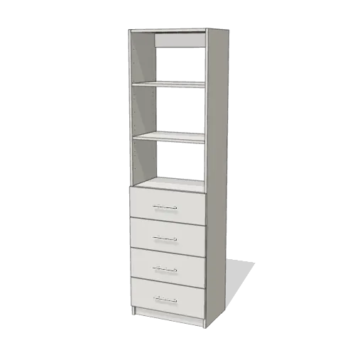 Shelves over 4 Drawer reach-in closet module, 16" deep with an open front. 24" wide in Classic White with chrome hardware