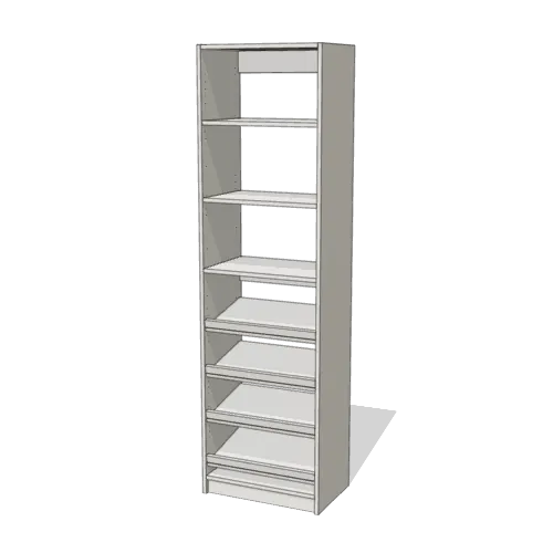 Shelves over Shoe Storage reach-in closet module, 16" deep with an open front. 24" wide in Classic White with chrome hardware