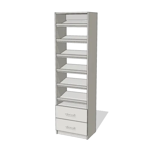 Shoe Storage over 2 Drawer reach-in closet module, 16" deep with an open front. 24" wide in Classic White with chrome hardware