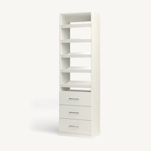 Shoe Storage over 3 Drawer reach-in closet module, 16" deep with an open front. 24" wide in Classic White with chrome hardware