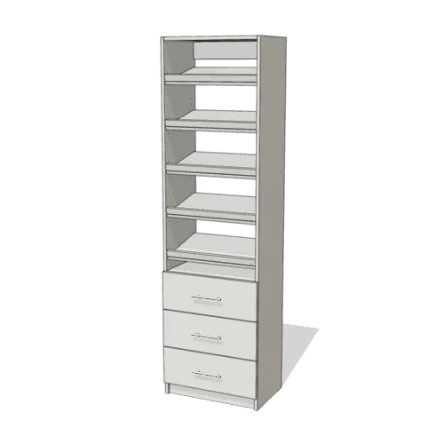 Shoe Storage over 3 Drawer reach-in closet module, 16" deep with an open front. 24" wide in Classic White with chrome hardware