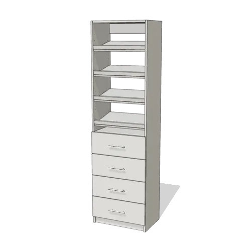 Shoe Storage over 4 Drawer reach-in closet module, 16" deep with an open front. 24" wide in Classic White with chrome hardware