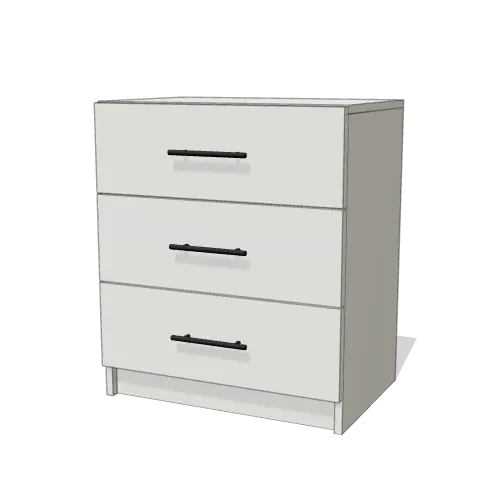Three Drawers Horizontal Side Cabinet, 24 inches wide, shown shut in Pure White with black pulls