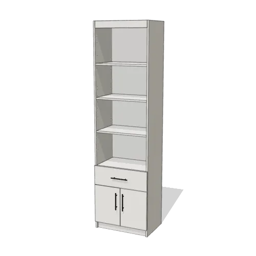 Doors with a Drawer Over Vertical Side Cabinet, 24 inches wide at a Queen bed’s height, shown shut in Pure White with black pulls