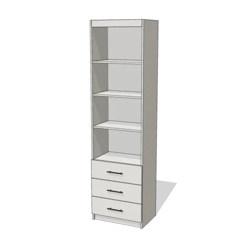 Three Drawers Vertical Side Cabinet, 24 inches wide at a Queen bed’s height, shown shut in Pure White with black pulls