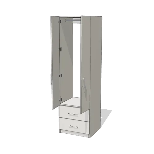 Rod over 2 Drawer wardrobe cabinet, 22" deep, shown with its slab doors open. 24" wide in Classic White with chrome hardware