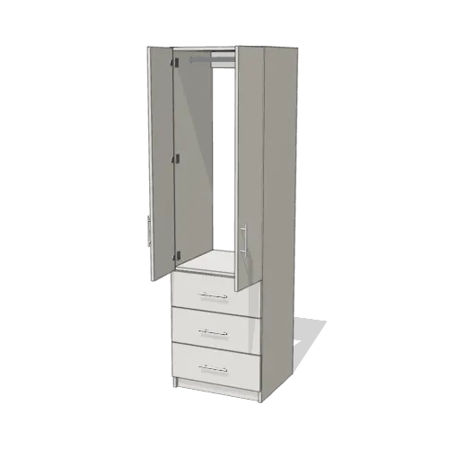 Rod over 3 Drawer wardrobe cabinet, 22" deep, shown with its slab doors open. 24" wide in Classic White with chrome hardware