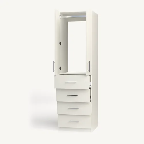 Rod over 4 Drawer wardrobe cabinet, 22" deep, shown with its slab doors open. 24" wide in Classic White with chrome hardware