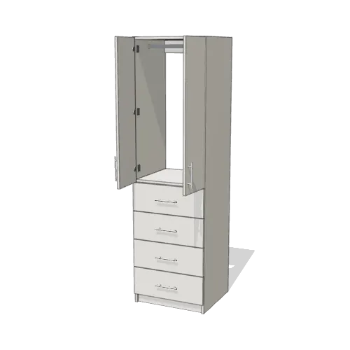 Rod over 4 Drawer wardrobe cabinet, 22" deep, shown with its slab doors open. 24" wide in Classic White with chrome hardware