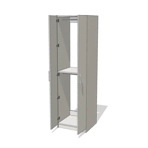 Rod over Rod wardrobe cabinet, 22" deep, shown with its slab doors open. 24" wide in Classic White with chrome hardware