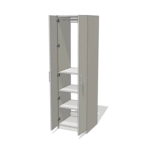 Rod over Shelves wardrobe cabinet, 22" deep, shown with its slab doors open. 24" wide in Classic White with chrome hardware
