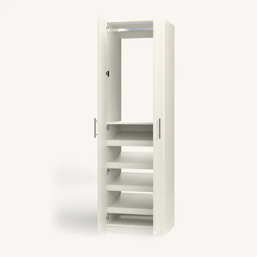 Rod over Shoe Storage wardrobe cabinet, 22" deep, shown with its slab doors open. 24" wide in Classic White with chrome hardware