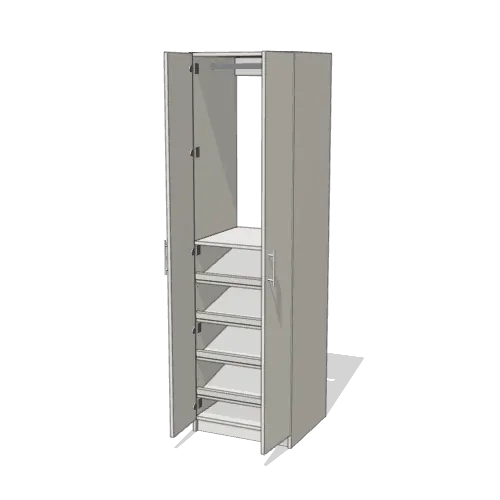 Rod over Shoe Storage wardrobe cabinet, 22" deep, shown with its slab doors open. 24" wide in Classic White with chrome hardware
