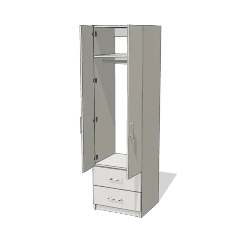 Rod + Fixed Shelf over 2 Drawer wardrobe cabinet, 22" deep, shown with its slab doors open. 24" wide in Classic White with chrome hardware