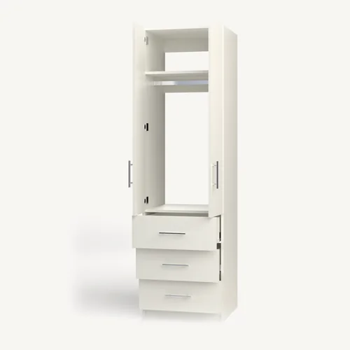 Rod + Fixed Shelf over 3 Drawer wardrobe cabinet, 22" deep, shown with its slab doors open. 24" wide in Classic White with chrome hardware