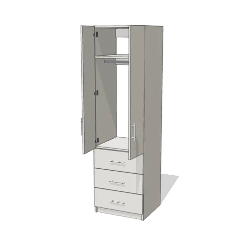 Rod + Fixed Shelf over 3 Drawer wardrobe cabinet, 22" deep, shown with its slab doors open. 24" wide in Classic White with chrome hardware