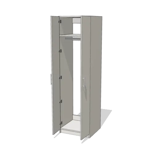 Full-Height Hanging Rod with Fixed Shelf wardrobe cabinet, 22" deep, shown with its slab doors open. 24" wide in Classic White with chrome hardware