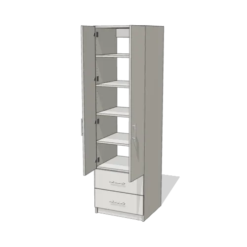 Shelves over 2 Drawer wardrobe cabinet, 22" deep, shown with its slab doors open. 24" wide in Classic White with chrome hardware