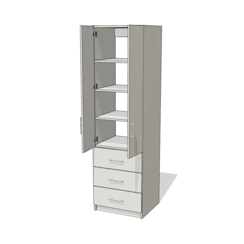 Shelves over 3 Drawer wardrobe cabinet, 22" deep, shown with its slab doors open. 24" wide in Classic White with chrome hardware