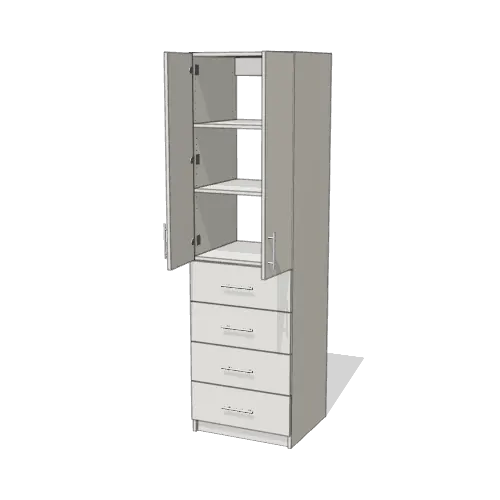 Shelves over 4 Drawer wardrobe cabinet, 22" deep, shown with its slab doors open. 24" wide in Classic White with chrome hardware