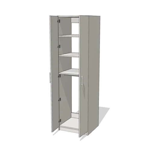 Shelves over Rod wardrobe cabinet, 22" deep, shown with its slab doors open. 24" wide in Classic White with chrome hardware