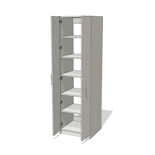 Shelves over Shelves wardrobe cabinet, 22" deep, shown with its slab doors open. 24" wide in Classic White with chrome hardware