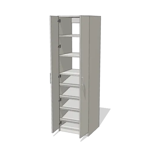 Shelves over Shoe Storage wardrobe cabinet, 22" deep, shown with its slab doors open. 24" wide in Classic White with chrome hardware