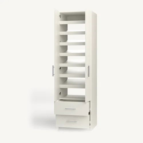 Shoe Storage over 2 Drawer wardrobe cabinet, 22" deep, shown with its slab doors open. 24" wide in Classic White with chrome hardware
