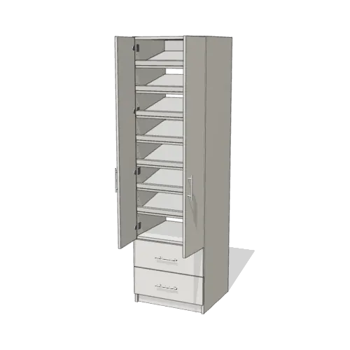 Shoe Storage over 2 Drawer wardrobe cabinet, 22" deep, shown with its slab doors open. 24" wide in Classic White with chrome hardware