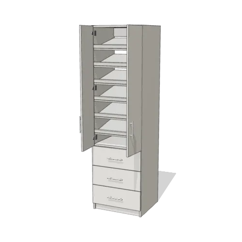 Shoe Storage over 3 Drawer wardrobe cabinet, 22" deep, shown with its slab doors open. 24" wide in Classic White with chrome hardware