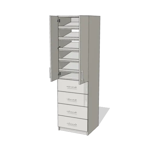 Shoe Storage over 4 Drawer wardrobe cabinet, 22" deep, shown with its slab doors open. 24" wide in Classic White with chrome hardware