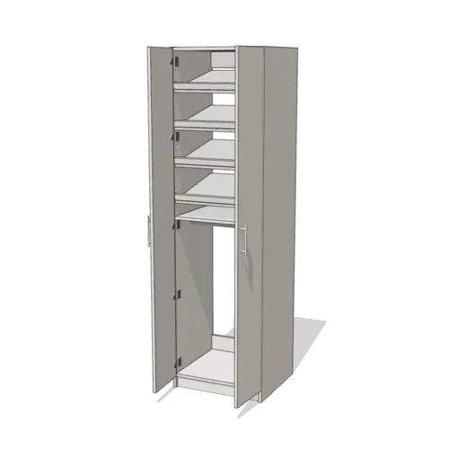 Shoe Storage over Rod wardrobe cabinet, 22" deep, shown with its slab doors open. 24" wide in Classic White with chrome hardware