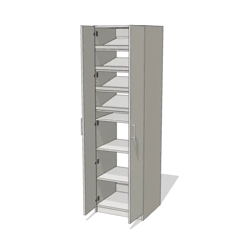 Shoe Storage over Shelves wardrobe cabinet, 22" deep, shown with its slab doors open. 24" wide in Classic White with chrome hardware