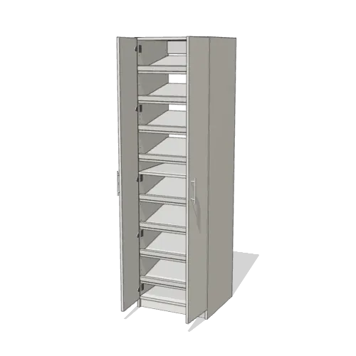 Shoe Storage over Shoe Storage wardrobe cabinet, 22" deep, shown with its slab doors open. 24" wide in Classic White with chrome hardware